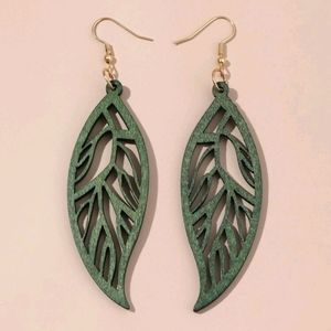 Wood Green Leaf Drop Earrings